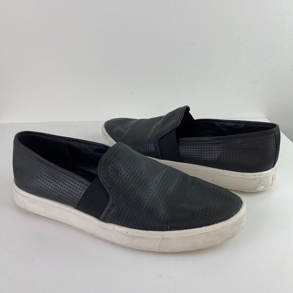 VINCE Black Leather Perforated Slip On Upper White Sole Almond Toe Shoes Sz 8.5 - Picture 1 of 7